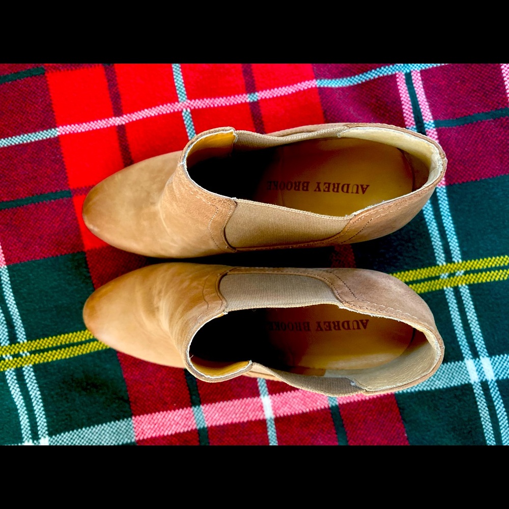 Audrey Brooke taupe wedge booties. Style “Cindy”